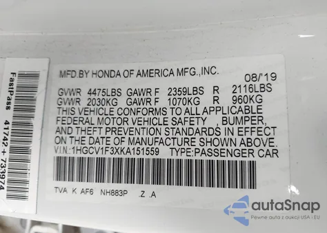 2019 Honda Accord Sport из США, поврежденный, VIN 1HGCV1F3XKA151559